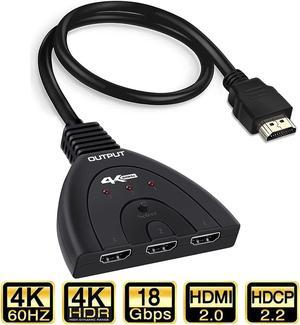 HDMI Switch, 4K@60Hz HDMI Splitter 3 in 1 Out, 3-Port HDMI Switcher Selector with Pigtail HDMI Cable,Supports Full HD 4K 1080P 3D Player, HDMI Hub Compatible with Fire Stick,HDTV,PS4 Game Consoles,PC