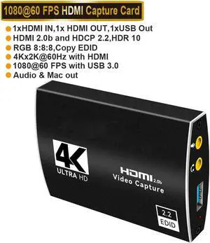 1080P 60fps 4K@60Hz Video Capture Device Video Capture Card Dongle HDMI-compatible to USB3.0/Type-C with Mic & 3.5mm Audio for Game Record Live Streaming Broadcast