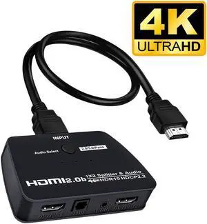 4K@60Hz HDMI Splitter 1x2 8:8:8,18 Gbps,Supports HDMI2.0b,HDCP 2.2,Duplicate/Mirror/Copy,Downscale, HDR,Dolby Vision Atmos,4K HDMI Splitter 1 in 2 Out for HDTV, Xbox, PS5/4/3, Blu-Ray Player, DVD, DVR 4K@60Hz HDMI Splitter 1x2 8:8:8,18 Gbps,Supports HDMI2.0b,HDCP 2.2,Duplicate/Mirror/Copy,Downscale, HDR,Dolby Vision Atmos,4K HDMI Splitter 1 in 2 Out for HDTV, Xbox, PS5/4/3, Blu-Ray Player, DVD, DVR