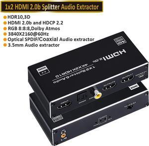 4K HDMI Splitter 1 in 2 Out, HDMI Splitter Duplicate/ Mirror Screen, HDMI Splitter Support 4K@60Hz 3D for PS5, Roku, TV Box - 1 Source to 2 Displays, with 3.5mm, Coaxial & SPDIF audio out