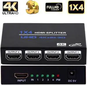 HDMI Splitter 1 in 4 Out 4K,LUOM 4 Port HDMI Splitter Powered Video Splitter 4 Outputs w/ AC Adapter, Duplicate/Mirror Screens for Fire Stick/Roku/DirecTV/Cable Box/Security Cameras