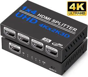 HDMI Splitter 1 in 4 Out,LUOM1x4 Hdmi Splitter Display Multiple Duplicate/Mirror Screen,Powered AC Adapter Included,Supports Ultra HD 1080P 4K/2K and 3D,for TV,Monitors,Computer,DVD,Projector