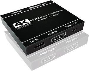 4K HDMI Splitter 1 in 2 Out, HDMI Splitter Duplicate/ Mirror Screen, HDMI Splitter Support 4K@60Hz 3D for PS5, Roku, TV Box - 1 Source to 2 Displays, with Audio Extractor(HDMI Audio Output)