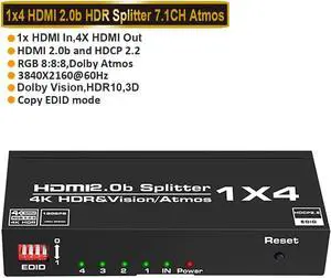 LUOM 4K@60Hz HDMI Splitter EDID, Duplicate/Mirror, 4K HDMI Splitter 1 in 4 Out, Powered Splitter, 1 Source to 4 Identical Displays for TV, Projector,Xbox PS5/4/3 Blu-Ray Player Fire Stick Roku