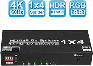 HDMI Splitter 1 in 4 Out,LUOM 4K HDMI Splitter for Four Monitors Duplicate/Mirror Only, 1x4 HDMI Splitter 1 to 4 Amplifier for Full HD 1080P 3D EDID HDR10(1 Source onto 4 Displays)
