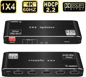 LUOM HDMI Splitter 1 in 4 Out, HDMI Distribution Amplifier 3D 4K@60HZ UHD 1080P  Splitter 1x4 HDMI Four Screen Duplicator Supports HDCP2.2