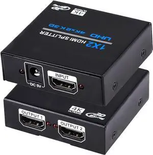 LUOM HDMI Splitter 1 in 2 Out, 1x2 Hdmi Splitter Display Multiple Duplicate/Mirror Screen,Powered AC Adapter Included,Supports Ultra HD 1080P 4K/2K and 3D,for TV,Monitors,Computer,DVD,Projector