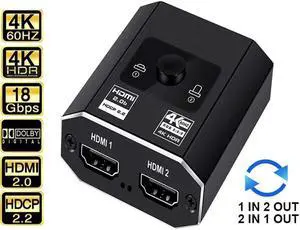 HDMI 2.0b Ultra 4K HD Bi-Directional Switch with HDMI Cable,4K@60Hz 1080p@120Hz 1in 2out 2in 1out High Speed 18Gbps Splitter(Singal Display) Converter Compatible with PS5, Xbox Series X/S, Apple TV