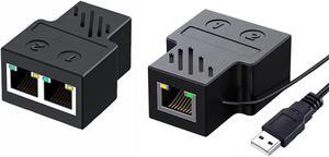 Ethernet Splitter 1 to 2 RJ45 Extender [2 Devices Simultaneous Networking], Network Switch Converter with 1.2m USB Power Cable, Suitable for CAT 5/6/6E/7, Computer/Router/TV Box