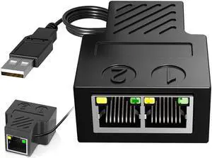 RJ45 Ethernet 1 to 2 Splitter Connectors Splitter Adapter with USB Power Cable LAN Ethernet  Connector Compatible with Cat5, Cat5e, Cat6, Cat7 , Two Computer Can Share The Internet at The Same Time