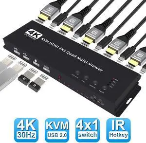 HDMI KVM Multi-Switcher 4X1,  HDMI Quad Multi-Viewer 4 in 1 Out HDMI Switcher 4K@30Hz HDMI Seamless IR Control 3D Support 5 Modes for Engineer, Exhibition Hall, Video Meeting, Surveillance