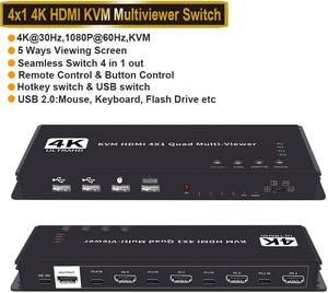 4K HDMI KVM Multi Viewer Switch 4x1, Quad Seamless HDMI Switcher, 4 in 1 Out with IR Control, 5 Display Modes for Security Camera, PS4, Laptop, Monitor (Multiviewer 4K30Hz)