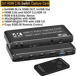 3X1 4K@60Hz Video Capture Device Video Capture Card 4K 60fps HDMI-compatible to HDMI&USB3.0/Type-C with Mic & 3.5mm Audio & IR for Game Record Live Streaming Broadcast