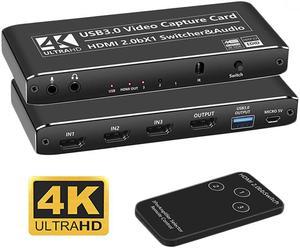 4K@60Hz 3X1 HDMI-Compatible Video Capture Card Live Recording Box 4K HDMI to HDMI & USB3.0/Type-C Video Card with Mic & 3.5mm Audio for Game Live Streaming for PS4 Computer Phones