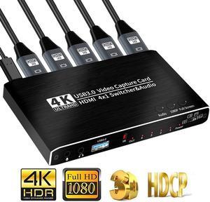 4x1 HDMI Video Capture Card 4K@30Hz 4K 30FPS Seamless Switch,USB3.0 HDMI Capture Card Switch with with Mic&Audio, Game Capture Card for Live Streaming Video Recording, Screen Capture Device