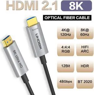 8K@60Hz HDMI Fiber Optic Cable, Gold-Plated Ultra High Speed [48Gbps UHD 7680P@60Hz 3D HD 1080p] Supports Fire TV, Apple TV, Ethernet, Audio Return, Xbox Playstation PS3 PS4 PC - 100FT, Silver