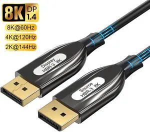8K DP1.4 Fiber Cable 33FT, Displayport Fiber Optic Cable Support 8K@60Hz 4K@144Hz 2K,32.4Gbps,HBR3,HDCP2.2, Fiber DP to DP Cable Slim and Flexible, Gold Plated Connector, Displayport Fiber Cable 8K DP1.4 Fiber Cable 33FT, Displayport Fiber Optic Cable Support 8K@60Hz 4K@144Hz 2K,32.4Gbps,HBR3,HDCP2.2, Fiber DP to DP Cable Slim and Flexible, Gold Plated Connector, Displayport Fiber Cable