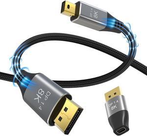 8K@60Hz Mini DisplayPort to DisplayPort Cable with DP to Mini DP Adapter, Mini DP to DP, 8K Ready, Gold Plated, 10 Feet