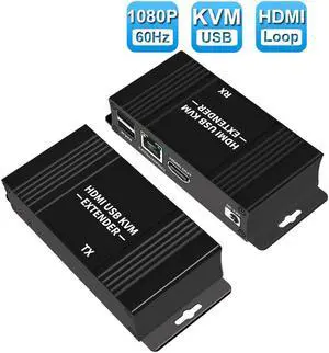 1080P@60Hz HDMI KVM Extender Over Cat5 / cat6 Ethernet up to 196ft with PoC, Supports Keyboard and Mouse USB HDMI Loopout  (Transmitter and Receiver)