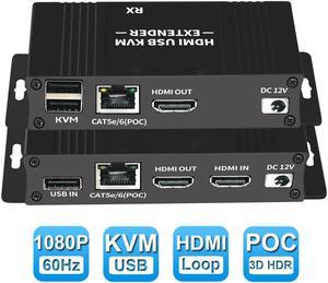 HDMI KVM Extender, 1080P @ 60Hz Ultra HD Resolution, Over Cat5e/6 Ethernet Cable, Up to 196ft/60m with Loop Out & POC Function - Support Keyboard and Mouse