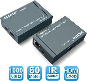 HDMI Extender Up to 60M/196ft, 1080P HDMI Transmitter and Receiver, HDMI Ethernet Sender Repeater Over Singal RJ45 Cat5e/6 Ethernet LAN Cable Compatible with DVD, Fire Stick, Roku, PS5 (Tx + Rx)