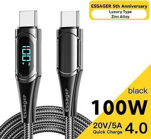 PD 100W USB C to USB C Cable [3.3ft, 1-pack], 5A Fast Charging USB C Cable with LED Display, Zinc Alloy Nylon Braided Type C Cable for Samsung S21 S20 Note 20 MacBook Pro Google Pixel etc