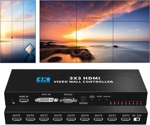 1 in 9 Out HDMI Video Wall Controller 3x3 4K HDMI Video Image Processor1 HDMI/DVI Input 9 HDMI Output, 13 Modes,1x1,1x2, 1x3, 1x4, 2x1, 2x2, 2x3, 2x4, 3x1, 3x2, 3x3, 4x1, 4x2, Support 180º Rotation