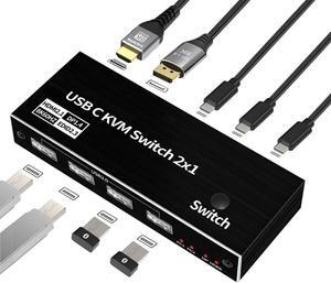 8K USB-C KVM Switch 2X1, 2 Port Type-C KVM Switch 8K 60Hz 2 Port Box 4K 120Hz for 2 Computers Share 1 Monitor(DP/HDMI Output), and 4 USB Devices such as Keyboard Mouse Printer