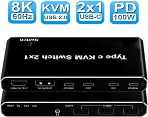 2x1 USB-C KVM Switch Selector 2-Port 100W PD for 2 Computers Share Keyboard Mouse Printer and 1 HD 8K Monitor with 3 USB 3.0 Ports + 3.5mm Audio for Sharing Keyboard, Mouse, U Disk