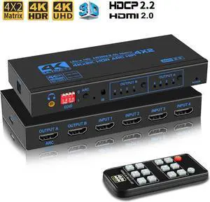 LUOM  4x2 Matrix Switch Splitter with SPDIF and 3.5mm HDR HDMI-compatible Switch 4x2 Support HDCP 2.2 ARC 3D 4K@60Hz for TV HDTV PS4 PS5 (OZJ2-1)