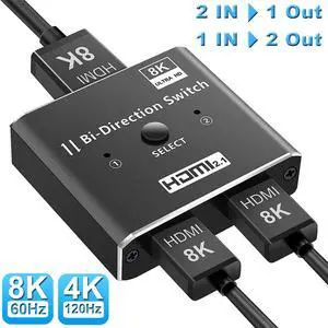 HDMI Switch 2 in 1 Out 4K@120Hz, 8k Bi-directional HDMI Splitter, 2 Port HDMI Switcher Selector Support 8K YUV 4:4:4/RGB 4:4:4/RGB 8:8:8(Dolby Atmos),Dynamic HDR ,VRR