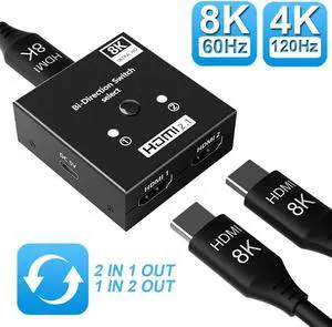 8K HDMI 1x2 Splitter 2x1 Switch Switcher No External Power Needed Support Video format up to 4k@120Hz Stable output PS/Xbox/Switch/FireStick/HDTV/DVD/Projector etc