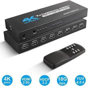 HDMI Switch 7x1 HDMI Switcher 7 in 1 Out HDMI Switch Selector 7 Port Box with IR Remote Control HDMI 2.0 HDCP 2.2 Support 4K@60Hz Ultra HD 3D 2160P 1080P