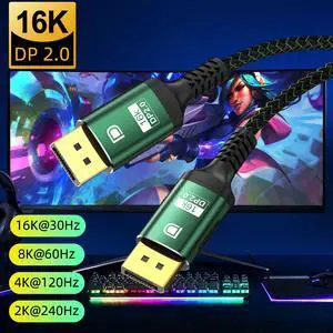 3.3FT Displayport Cable 2.0, 16K DP 2.0 Cable [16K@60Hz, 8K@120Hz, 4K@240Hz 165Hz 144Hz] Support 80Gbps, HDCP DSC 1.2a, HDR10 FreeSync G-Sync for Laptop/PC/TV/Gaming Monitor