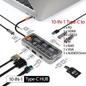 Transparent Laptop Docking Station, 10 in 1 USB C HUB with 4K HDMI, VGA,100W PD, SD/TF, 1000M Ethernet, Multiple Adapter Dongle Compatible with MacBook Laptops Notebooks