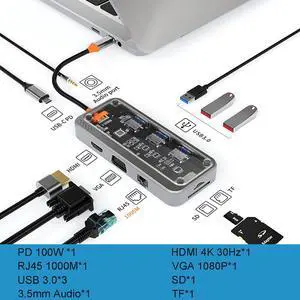 Transparent  USB-C Hub (10-in-1) with 4K HDMI&VGA Display, 3 x USB-A 5Gbps Data Ports and 100W PD, SD/TF, 1000M Ethernet for MacBook Pro, MacBook Air, Laptops and More