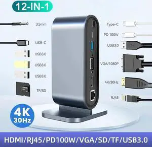 Vertical Laptop Docking Station, 12 in 1 USB C to HDMI Adapter with 1080P VGA, 4*USB A 3.0, 100W PD, Ethernet,SD/TF,Audio Port, USB-C Data for MacBook Laptop