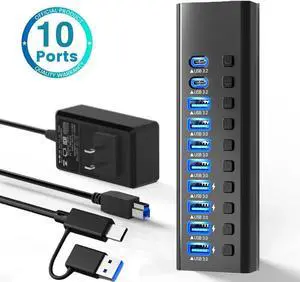 Powered Hybrid USB-A/C Hub10 Ports 48W Powered USB Hub Aluminum USB Splitter with Individual On/Off Switches and 12V Power Adapter for PC, Laptops, MacBook Pro/Air, iMac,