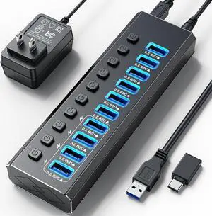 Powered USB3.0 Hub, 10 Ports 48W Powered USB Hub with 4 Smart Charging port, Aluminum USB Splitter with Individual On/Off Switches and 12V Power Adapter for PC, Laptops, MacBook Pro/Air, iMac