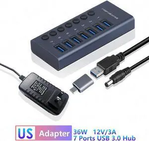 7-Port Powered USB 3.0 Hub 36W with 7 USB 3.0 Data Ports, Aluminum USB Splitter for Laptop/PC, work for Mouse, Keyboard, Hard Drive or More USB Devices