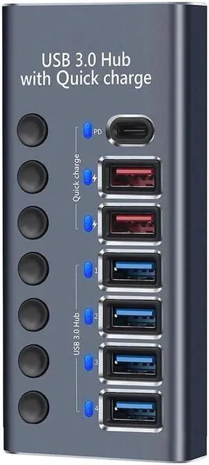 Aluminum Powered USB 3.0 USB C Hub,  4 USB 3.0 Data Transmission Ports + 2 Smart Charging Ports + 1 PD Charging Port with Individual On/Off Switches for MacBook, Mac Pro/Mini and More