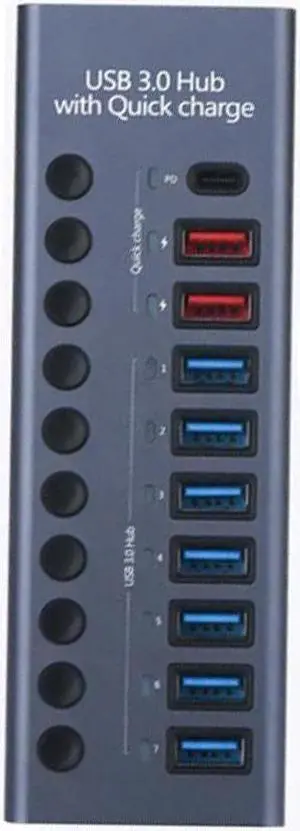 Powered USB 3.0 Hub with 7 USB 3.0 Data Transmission Ports + 2 Smart Charging Ports + 1 PD Charging Port for Laptop/PC, work for Mouse, Keyboard, Hard Drive or More USB Devices