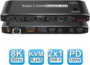 2 Port 8K USB-C KVM Switch 2 in 1 Out 8K@60Hz 4K@120Hz 2 PC to 1 Monitor(DP/HDMI) 2-Port 100W PD with 7 USB 2.0 Ports + 3.5mm Audio + RJ45 Network for Sharing Keyboard, Mouse, U Disk