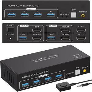 HDMI KVM Switch 2 Monitors 2 Computers, with 4 USB 3.0 Hub, 8K@60Hz Ultra HD Resolution, Dual Monitor KVM Switch HDMI 2.1 Via Button Switch, Plug and Play