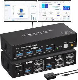 4K 120Hz DisplayPort Exclusive KVM Switch 2 Monitors 2 Computers , with 4 USB 3.0 Hub, 8K 60Hz DP1.4 Dual Monitor KVM Switch, EDID,Plug and Play 4K 120Hz DisplayPort Exclusive KVM Switch 2 Monitors 2 Computers , with 4 USB 3.0 Hub, 8K 60Hz DP1.4 Dual Monitor KVM Switch, EDID,Plug and Play