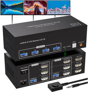 HDMI KVM Switch 3 Monitors 2 Computers, with 4 USB 3.0 Hub, 8K@60Hz Ultra HD Resolution, Triple Monitor KVM Switch HDMI 2.1 Via Button Switch, Plug and Play