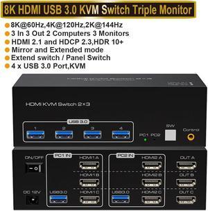 4K 120Hz HDMI KVM Switch 3 Monitors 2 Computers, 3 Port Monitors Switcher for 2 Computers Share 3 Monitors and Keyboard Mouse with USB3.0 Port,8K@60 Resolution,with EDID