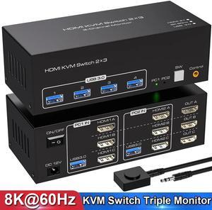USB 3.0 HDMI KVM Switch 3 Monitors 2 Computers 8K@60Hz 4K@120Hz, EDID Emulator, Triple Monitor KVM Switch for 2 Computers Share 3 Displays and 4 USB 3.0 Ports,Wired Remote and Cables