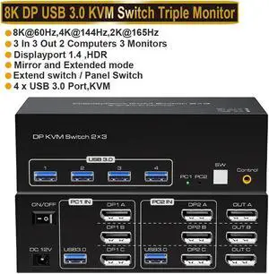 4K 120Hz Displayport KVM Switch 3 Monitors 2 Computers, 3 Port DP Monitors Switcher for 2 Computers Share 3 Monitors and Keyboard Mouse with USB3.0 Port,8K@60 Resolution