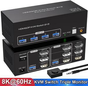 4K 120Hz HDMI and 2 Displayport Exclusive KVM Switch 3 Monitors 2 Computers , with 4 USB 3.0 Hub, 8K 60Hz DP1.4 HDMI2.1 Triple Monitor DP &HDMI KVM Switch, EDID,Plug and Play